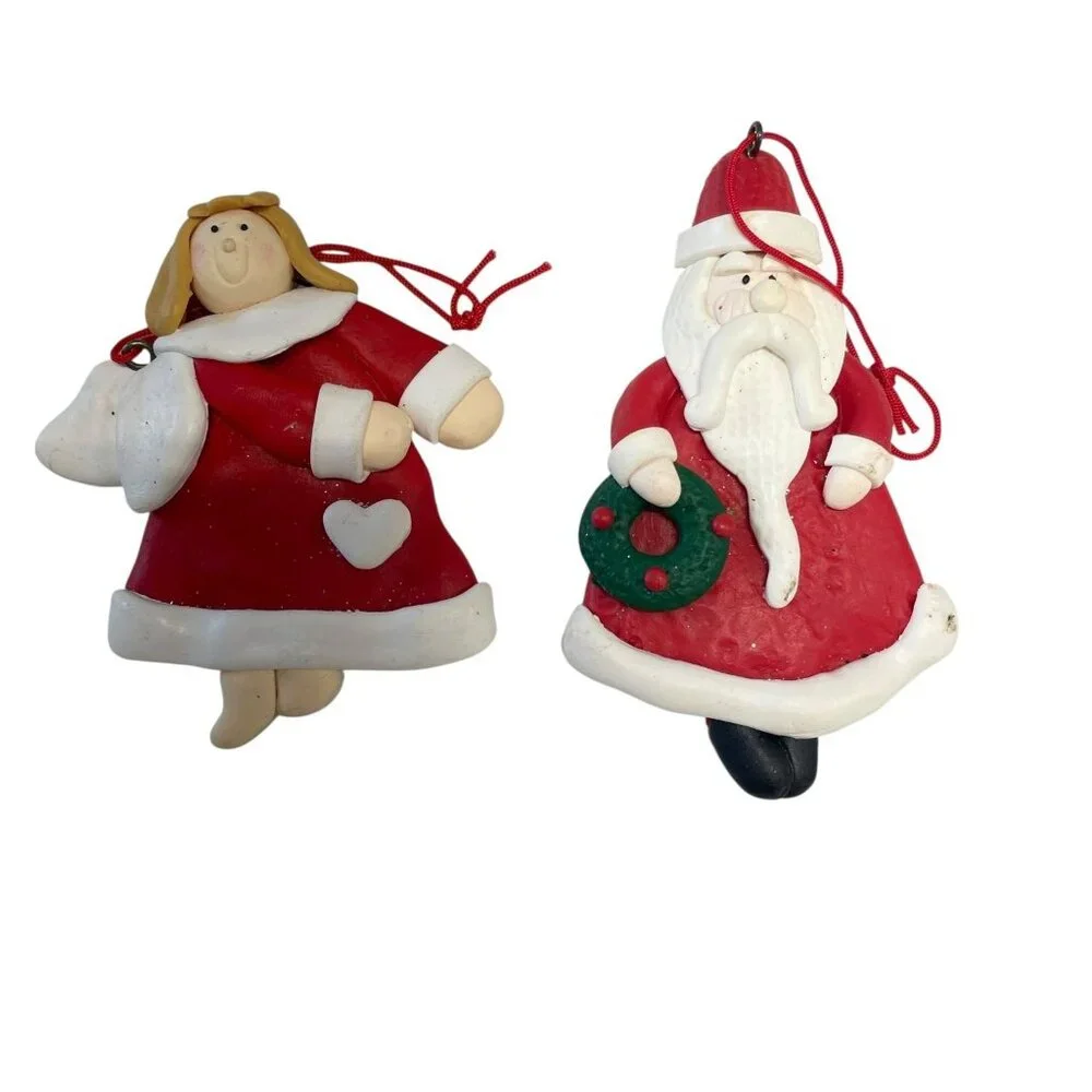 Vintage Clay Christmas Ornament Set Santa Angel Wreath Candy‎ Cane 6pcs